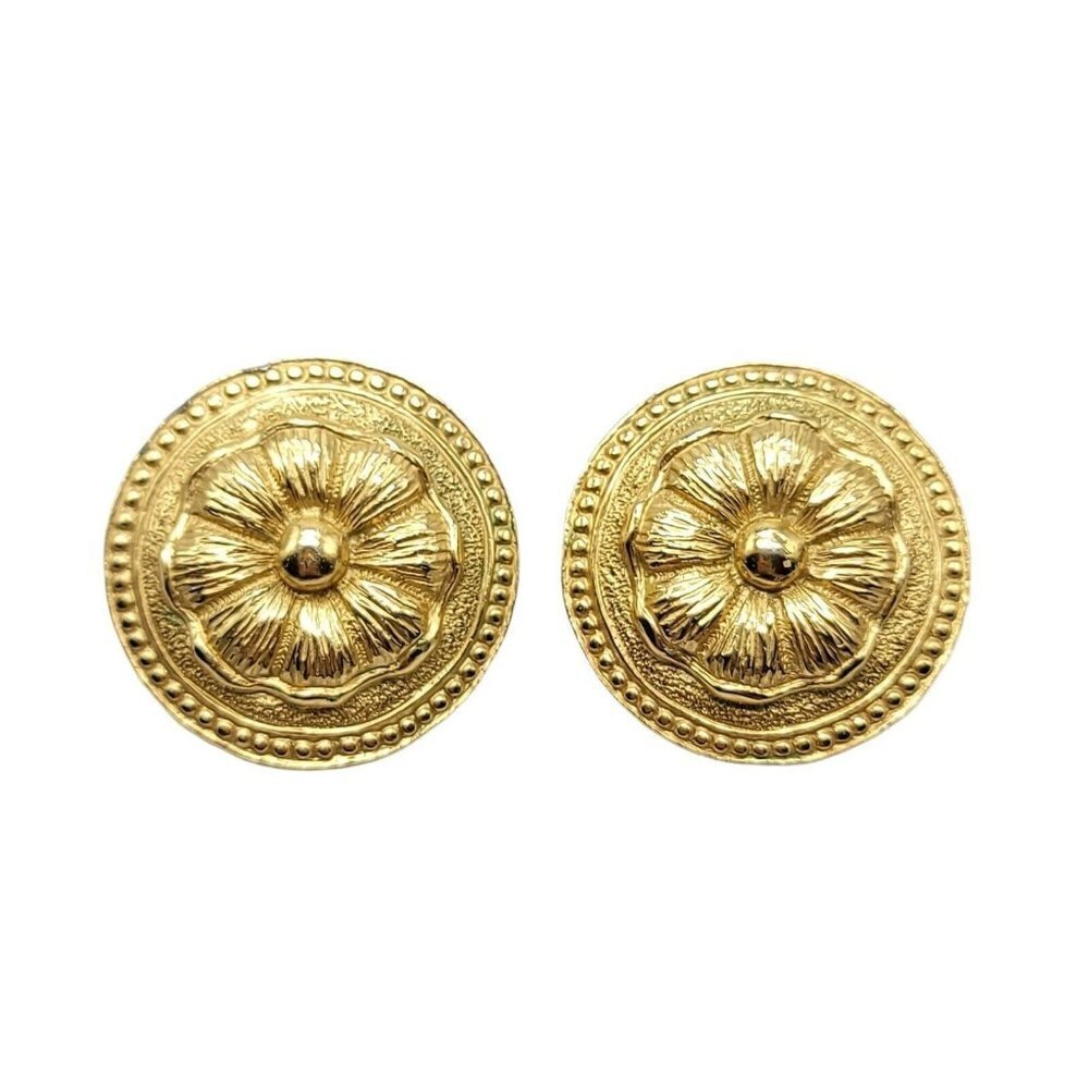 Marcella Saltz for Trifari Large Flower Medallion Gold Tone Clip Earrings